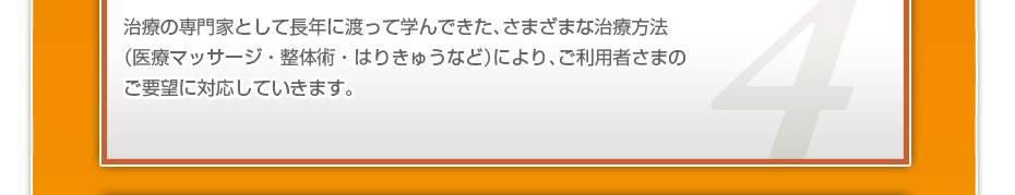治療の専門家として長年に渡って学んできた、さまざまな治療方法（医療マッサージ・整体術・はりきゅうなど）により、ご利用者さまのご要望に対応していきます。